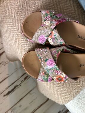 Johnny Was Floral Cross-Strap Slide Sandals - Pink Green Multicolor
